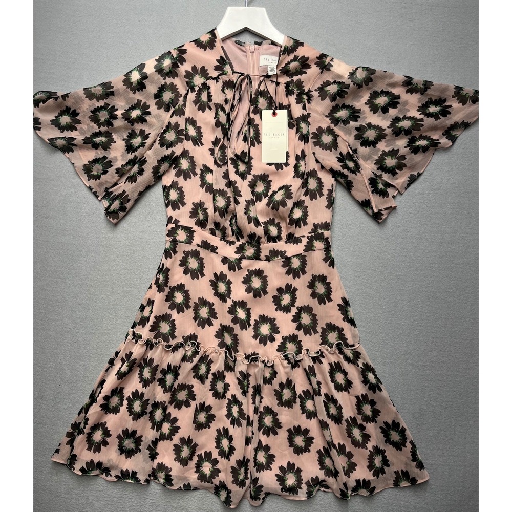 Ted Baker London Lucieey Pink Floral Flutter Sleeve‎ Mini Dress Size 0 New